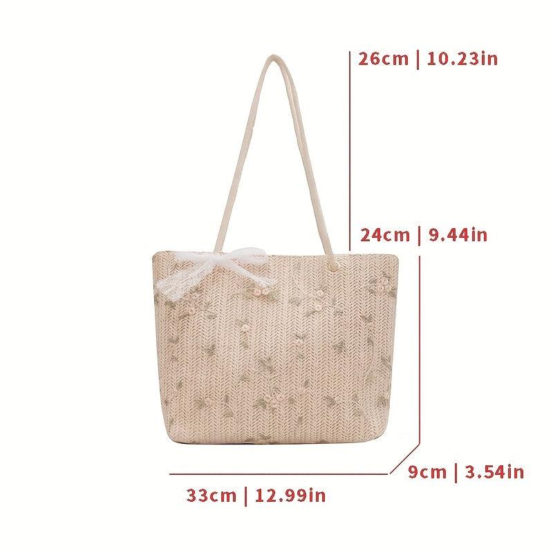 Braided Tote Bag Lace Flower Decor Shoulder Beach Bag