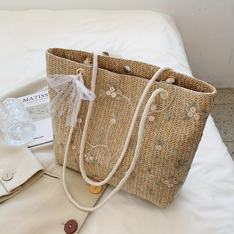 Braided Tote Bag Lace Flower Decor Shoulder Beach Bag