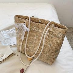 Braided Tote Bag Lace Flower Decor Shoulder Beach Bag