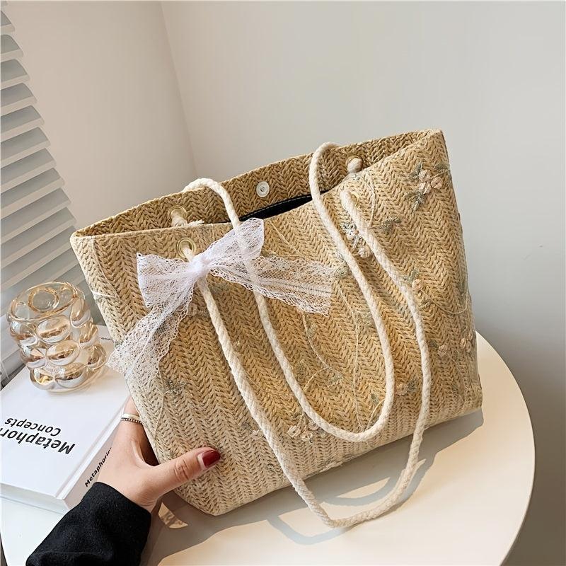 Braided Tote Bag Lace Flower Decor Shoulder Beach Bag