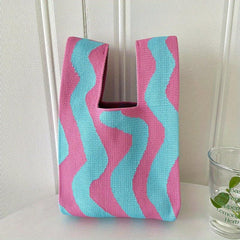 Striped Tote Bag Casual Knit Handbag Lightweight Portable Storage