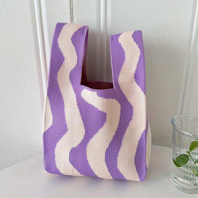 Striped Tote Bag Casual Knit Handbag Lightweight Portable Storage