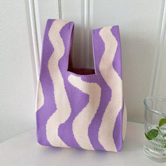 Striped Tote Bag Casual Knit Handbag Lightweight Portable Storage