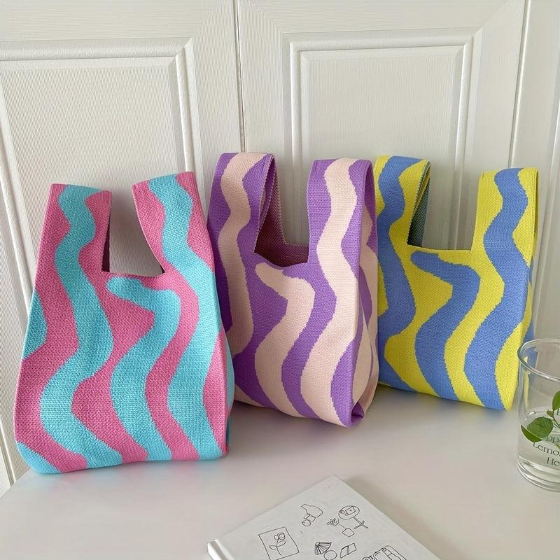 Striped Tote Bag Casual Knit Handbag Lightweight Portable Storage