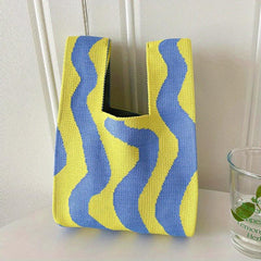 Striped Tote Bag Casual Knit Handbag Lightweight Portable Storage