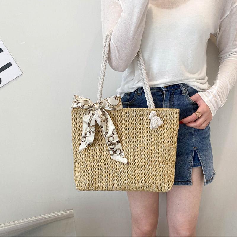 Boho Woven Beach Bag Straw Tote Scarf Decor Shoulder Bag