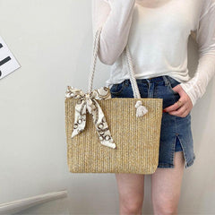 Boho Woven Beach Bag Straw Tote Scarf Decor Shoulder Bag