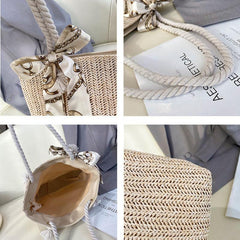 Boho Woven Beach Bag Straw Tote Scarf Decor Shoulder Bag