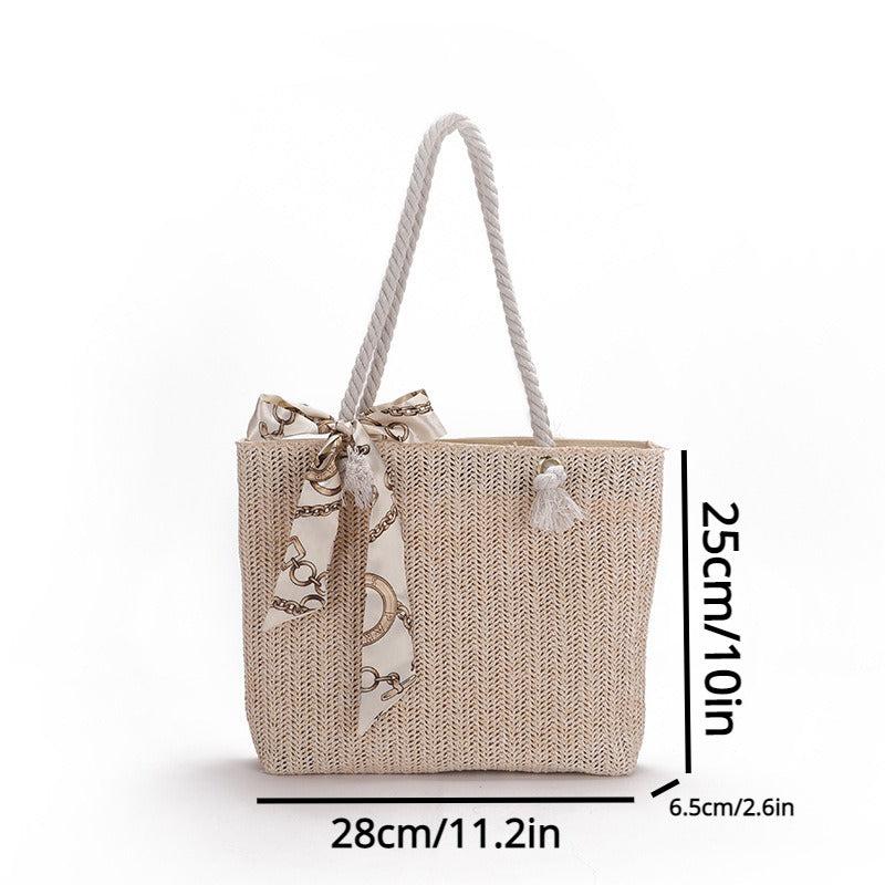 Boho Woven Beach Bag Straw Tote Scarf Decor Shoulder Bag