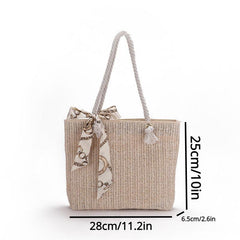 Boho Woven Beach Bag Straw Tote Scarf Decor Shoulder Bag
