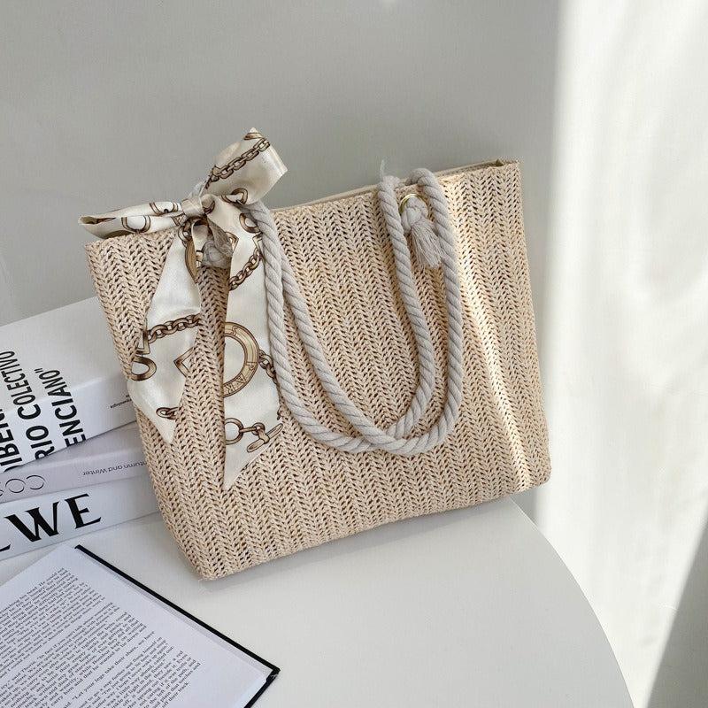 Boho Woven Beach Bag Straw Tote Scarf Decor Shoulder Bag
