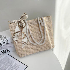 Boho Woven Beach Bag Straw Tote Scarf Decor Shoulder Bag