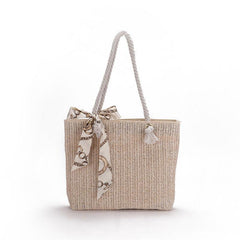 Boho Woven Beach Bag Straw Tote Scarf Decor Shoulder Bag