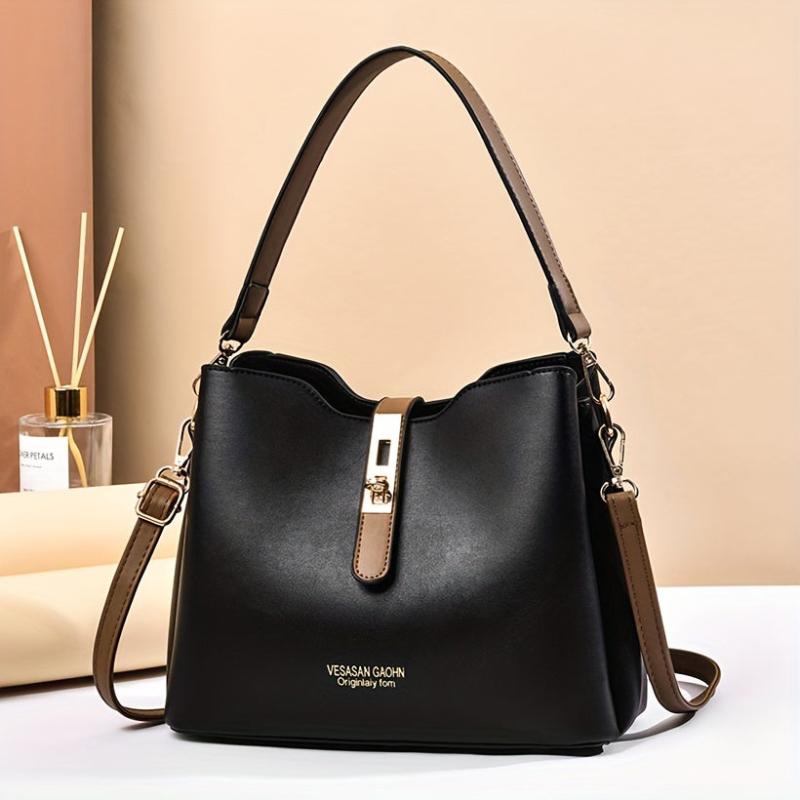 Letter Print Turm Lock Shoulder Bag PU Leather Crossbody Bag