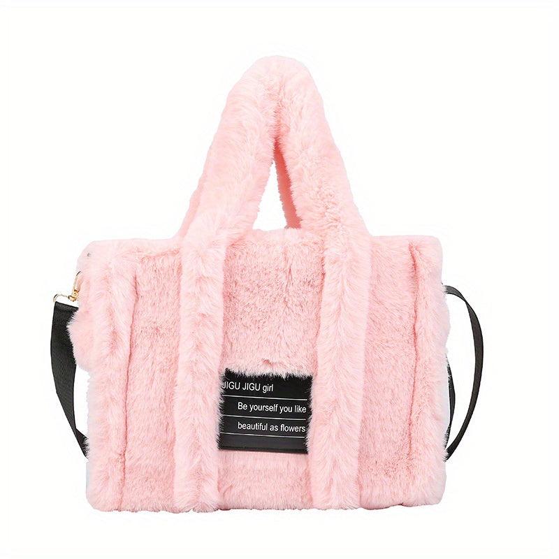 Plush Tote Bag Women Letter Patch Crossbody Fluffy Satchel Purse