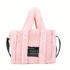 Plush Tote Bag Women Letter Patch Crossbody Fluffy Satchel Purse