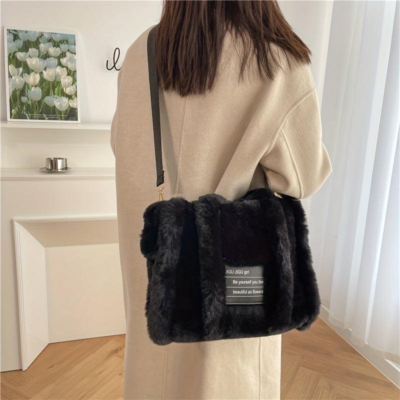 Plush Tote Bag Women Letter Patch Crossbody Fluffy Satchel Purse