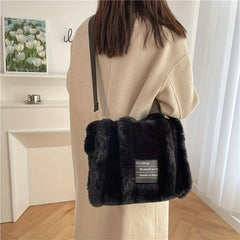 Plush Tote Bag Women Letter Patch Crossbody Fluffy Satchel Purse
