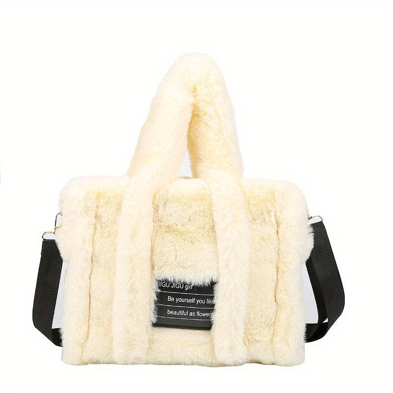 Plush Tote Bag Women Letter Patch Crossbody Fluffy Satchel Purse