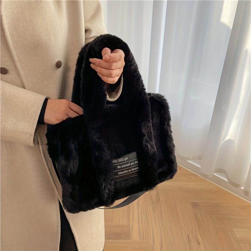 Plush Tote Bag Women Letter Patch Crossbody Fluffy Satchel Purse