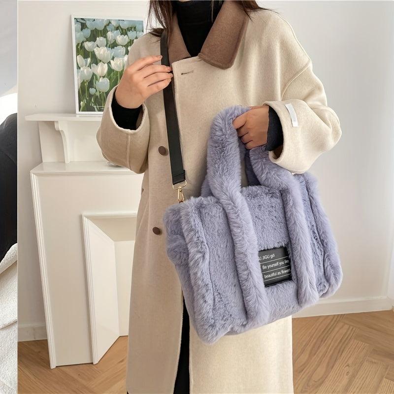 Plush Tote Bag Women Letter Patch Crossbody Fluffy Satchel Purse