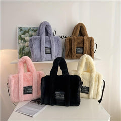 Plush Tote Bag Women Letter Patch Crossbody Fluffy Satchel Purse