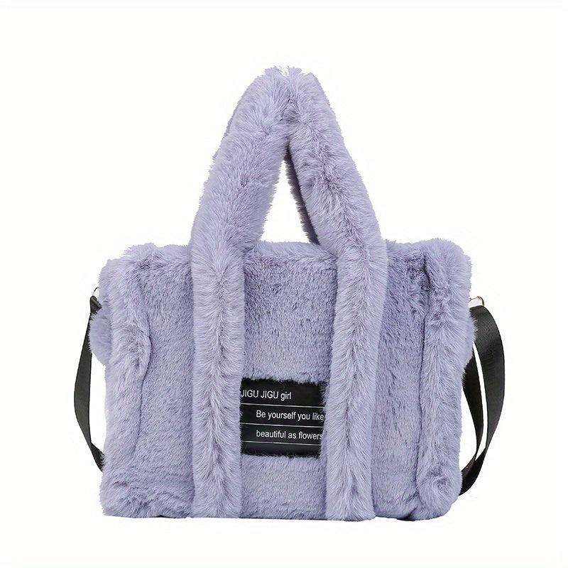Plush Tote Bag Women Letter Patch Crossbody Fluffy Satchel Purse