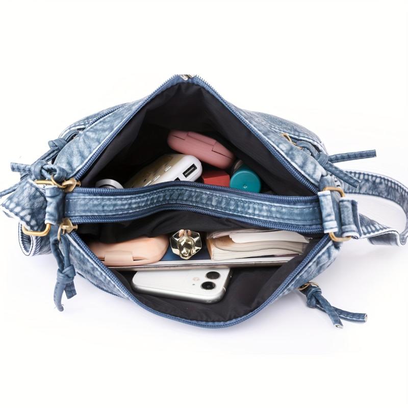 Retro Zipper Crossbody Bag Denim Lightweight Messenger Bag