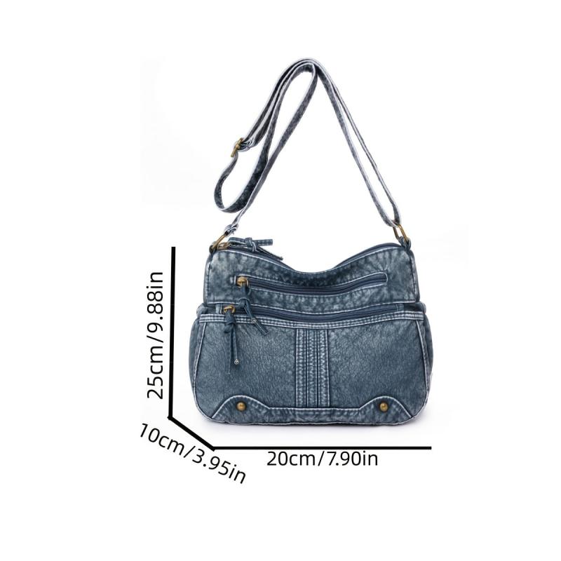 Retro Zipper Crossbody Bag Denim Lightweight Messenger Bag