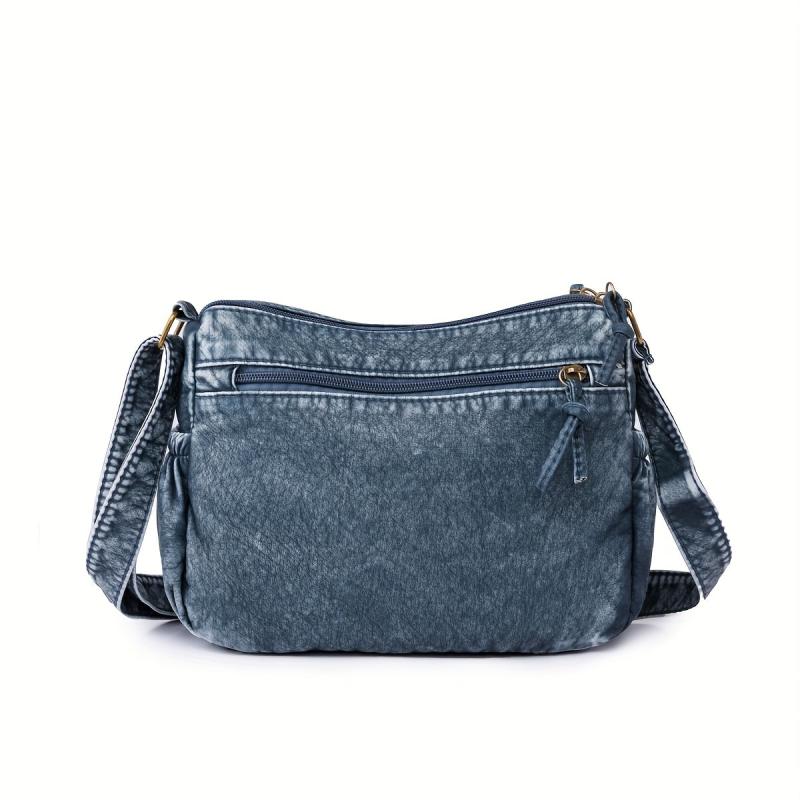 Retro Zipper Crossbody Bag Denim Lightweight Messenger Bag