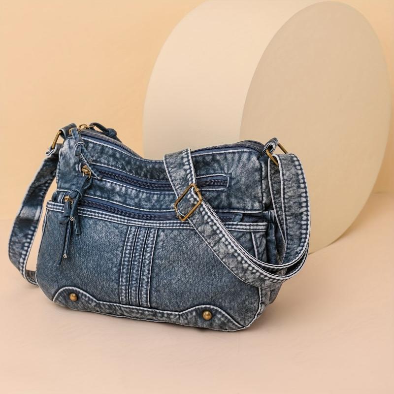 Retro Zipper Crossbody Bag Denim Lightweight Messenger Bag