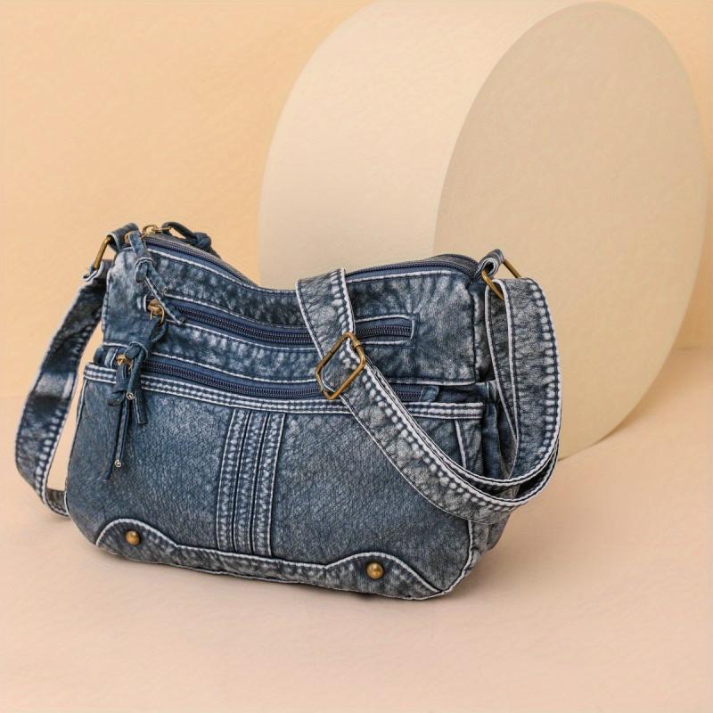 Retro Zipper Crossbody Bag Denim Lightweight Messenger Bag