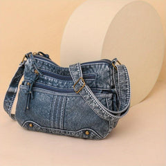 Retro Zipper Crossbody Bag Denim Lightweight Messenger Bag