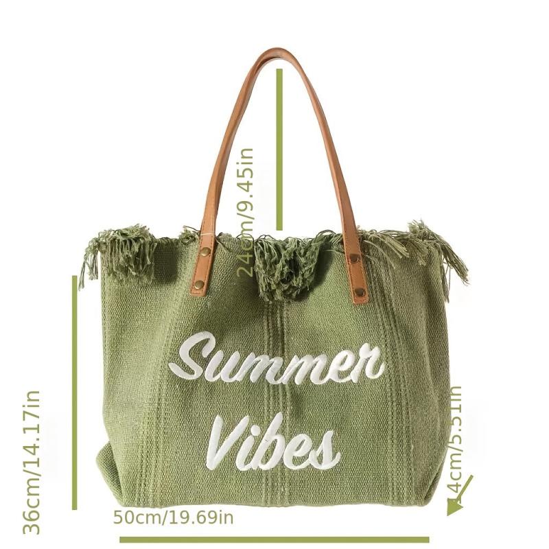 Letter Graphic Beach Bag Fringe Trim Canvas Tote Bag