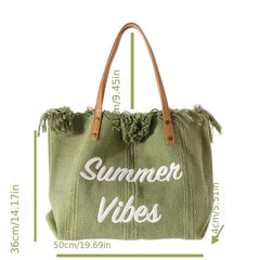 Letter Graphic Beach Bag Fringe Trim Canvas Tote Bag