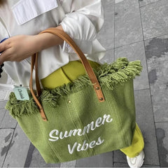 Letter Graphic Beach Bag Fringe Trim Canvas Tote Bag