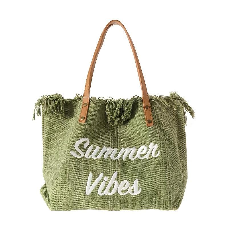 Letter Graphic Beach Bag Fringe Trim Canvas Tote Bag