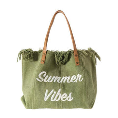 Letter Graphic Beach Bag Fringe Trim Canvas Tote Bag