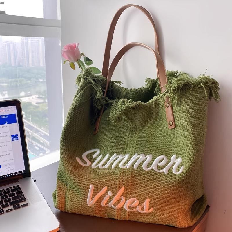 Letter Graphic Beach Bag Fringe Trim Canvas Tote Bag