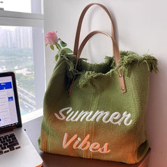 Letter Graphic Beach Bag Fringe Trim Canvas Tote Bag