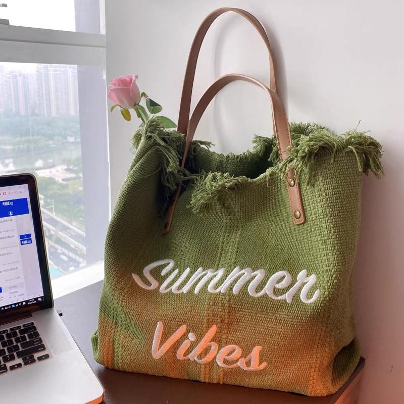 Letter Graphic Beach Bag Fringe Trim Canvas Tote Bag
