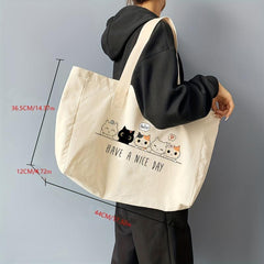 Cat Pattern Canvas Bag Large Shoulder Bag For Work & School