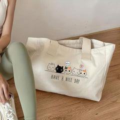 Cat Pattern Canvas Bag Large Shoulder Bag For Work & School