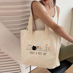 Cat Pattern Canvas Bag Large Shoulder Bag For Work & School