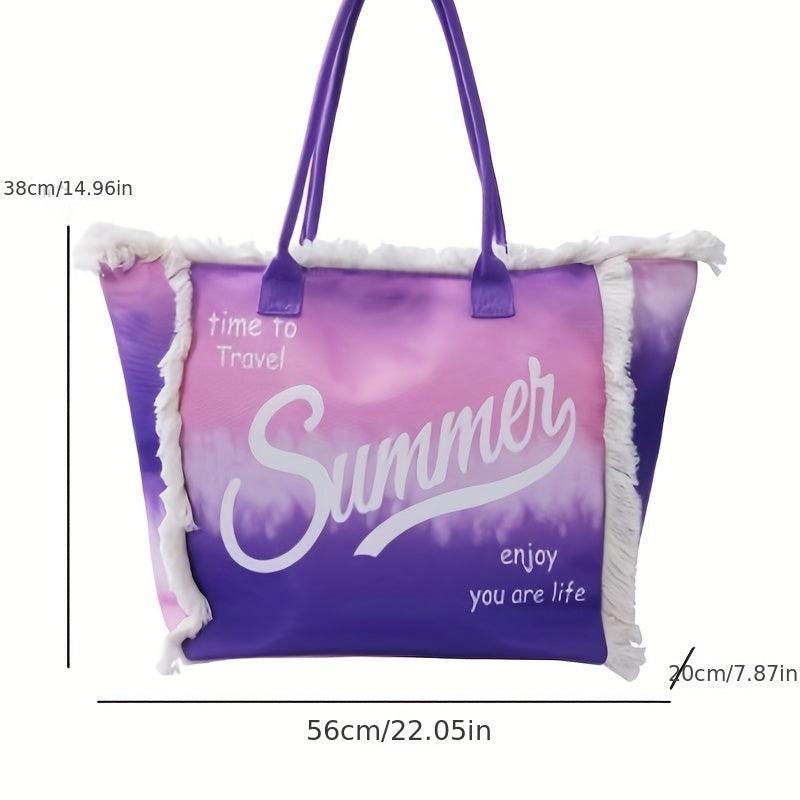 Tassel Trim Canvas Tote Bag Summer Beach Bag Large Capacity Shoulder Bag