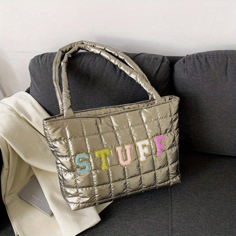 Chenille Letter Tote Bag Quilted Puffy Shoulder Bag