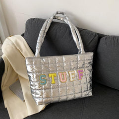 Chenille Letter Tote Bag Quilted Puffy Shoulder Bag
