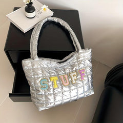 Chenille Letter Tote Bag Quilted Puffy Shoulder Bag