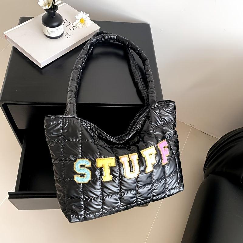 Chenille Letter Tote Bag Quilted Puffy Shoulder Bag