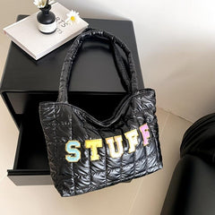 Chenille Letter Tote Bag Quilted Puffy Shoulder Bag